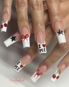 Hello Kitty Chrome Heart Nails, Nails With Charms Y2k, Y2k Summer Nails, Hello Kitty Charm Nails, Y2k Short Nails, French Tip Black, Ibiza Nails, Valentines Nails French, Nail Inspo Hello Kitty