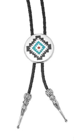 Nickel plated lead-free pewter bolo tie. Made in USA. A Southwest Geometric design is featured on this Bolo Tie made of lead-free pewter with a turquoise and coral chip inlay. Bolo tie cords are 38" long and feature finely detailed Victorian style bolo tips with a hand-carved look. Made in the USA. Matching Buckle available Artisan Silver Jewelry With Adjustable Length, Artisan Bolo Ties With Adjustable Length As Gift, Artisan Bolo Tie With Adjustable Length, Artisan Adjustable Bolo Ties For Gifts, Southwestern Style Jewelry With Sliding Knot For Gifts, Southwestern Jewelry With Sliding Knot As A Gift, Silver Lariat Bolo Tie For Gift, Silver Bolo Tie With Sliding Knot As Gift, Silver Western Bolo Ties As Gift