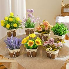 a bunch of flowers that are sitting in some pots on a table with a cloth