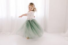 Sage Green Tulle Two Piece Tutu Skirt White Lace Flower Girl | Etsy Spring Wedding Tutu Dress With Lace Bodice, Summer Wedding Lace Tutu Dress, Summer Wedding Tutu Dress With Lace Bodice, Sage Flower Girl Dress, White Lace Dress Boho, Navy Blue Sequin Dress, Moss Wedding, Lace Flower Girl Dress, Gonna In Tulle