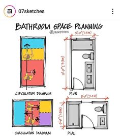 the bathroom space planning is shown in three different colors