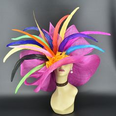 "✿*.Key Features: 100% high quality Sinamay woven material, wide brim with Jumbo bows, feather flower and extra long feathers. It's more beautiful in person! Light and comfortable! Great for Kentucky derby, weddings, Royal Ascot, horse races, cocktails, tea party, or any hat wearing occasion. Hat base size: From front to back appr: 20.5\" (52cm) From left to right appr: 21.25\" (54cm) Wide brim Appr: 7~8\" Head girth: 22.5\" (57cm) , adjustable string inside to make smaller to fit your head. ✿*. Multicolor Brimmed Straw Hat For Kentucky Derby, Purple Feathered Hats For Summer, Multicolor Kentucky Derby Headpiece, Multicolor Costume Hats For Royal Ascot Races, Multicolor Costume Hats And Headpieces For Royal Ascot, Fitted Multicolor Party Hat, Elegant Multicolor Hat For Evening, Costume Hat For Races At Carnival, Carnival Costume Hat For Races