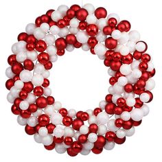 a red and white christmas ornament wreath