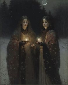 two women holding candles in their hands with the moon above them and trees behind them