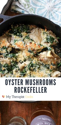 vegetarian mushrooms rockefeller recipe made with oyster mushrooms instead of oysters. Oyster Mushroom Rockefeller, Crab And Mushroom Recipes, Keto Oyster Mushroom Recipes, Blue Oyster Mushrooms Pasta Recipes, Mushroom Recipes Oyster, Elm Oyster Mushroom Recipe, Vegan Asian Mushroom Recipes, Pink Mushrooms Recipe