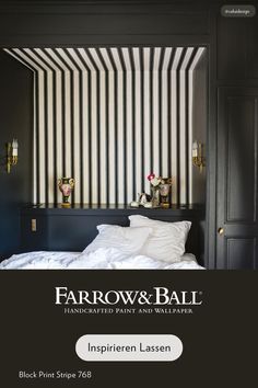 a black and white striped wallpaper with the words farrow & ball on it