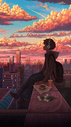 a person sitting at a table in front of a cityscape with clouds above