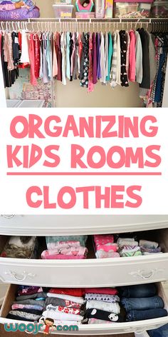 an organized kids's room closet with clothes on the bottom shelf and text overlay that reads organizing kids'rooms clothes