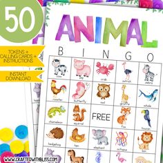 an animal bingo game is shown with the words, animals and other things in it