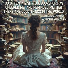 a woman sitting in front of a book shelf filled with books