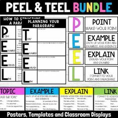 a poster with the words peel and tell in different colors, sizes and font on it