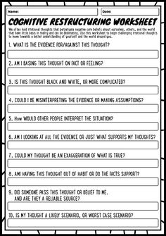 Cognitive Restructuring Worksheet Cognitive Reframing Worksheet, Decatastrophizing Worksheet, Therapy Worksheet Dbt, Cognitive Restructuring Worksheets, Cognitive Restructuring, Therapeutic Worksheets, Cognitive Processing Therapy, Cognitive Behavior Therapy Worksheets, Cognitive Distortions List