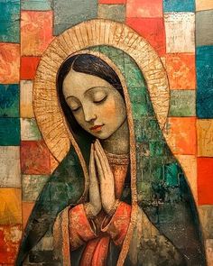 an image of the virgin mary with her eyes closed and hands clasped in front of her face