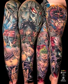 some very nice tattoos on the legs of people with different colored inks and designs