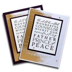 two greeting cards with gold foil on them, one is for father prince peace and the other is for god