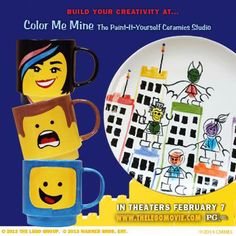 an advertisement for the color me mine show with two cartoon characters and a coffee mug