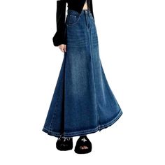 Bring back the nostalgia of the 90s with our 2023 Spring-Summer Collection Long Raw Hem Jeans Skirt for Women! This high-waist, floor-length denim skirt is perfect for adding a touch of retro style to any outfit. Crafted from stretchy denim materials, it features a medium wash, lined accents, and a raw hem, delicately sanded for a unique texture. The zipper and button closure offer a secure fit, while the loose shape ensures a comfortable experience, allowing you to move freely while looking tim Trendy Denim Flare Skirt, Spring Flared Medium Wash Denim Skirt, Spring Flare Denim Skirt In Medium Wash, Straight Leg Skirt With Frayed Hem For Fall, Denim Flared Skirt For Fall, Fall Denim Flared Skirt, Chic Long Skirt With Frayed Hem, Flared Denim Skirt In Medium Wash For Summer, Wide Leg Denim Skirt With Frayed Hem