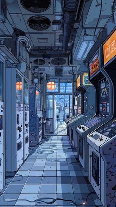 a long hallway with many machines in it