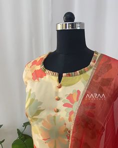 Organza printed kurti with tiny pleats for neck and zari limed organza dupatta. No Bottom Free shipping within India. #aarraabyumaanand #organzakurti #organzadupatta #floralkurti #coimbatoreboutique #chennaishopping Organza Salwar Suit Design, Frocks Models, Neck Reference, Kurti Back Neck Designs, Kurta Ideas, Collar Kurti