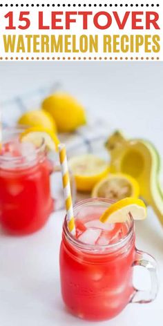 two glasses filled with watermelon lemonade next to sliced lemons