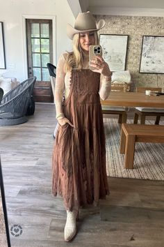 Fall Western Outfits Dresses, Western Outfit For Wedding Guest, Maxi Dress With Cowgirl Boots, Lady Lux Layering Top, Midi Dress With Cowgirl Boots, Free People Lady Lux Layering Top Outfit, Brown Boho Outfit, Dress With Brown Cowboy Boots, Long Dress Cowboy Boots