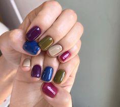 Jewel Tone Gel Nails, November Shellac Nails, Multicolored Nails Winter, Multi Colored Nails Winter, Multi Color Nail Ideas, Winter Multicolor Nails, Multicoloured Nails, Multi Colored Nails, Multicolor Nails