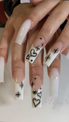 Black And White French Tip, French Tip Set, I Nails, Graffiti Hearts, Black And White French, Black Graffiti, White Graffiti, Cross Nails, Fake Nails Designs