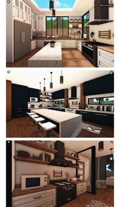 three different views of a modern kitchen and living room