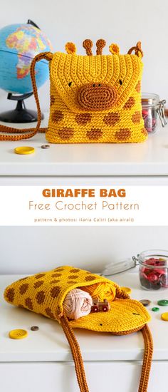 a crocheted giraffe bag sitting on top of a white table next to a globe