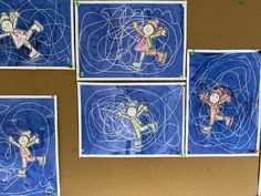 four pictures with children's drawings on them