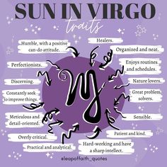 the sun in virgo zodiac sign is shown on a purple background with white stars