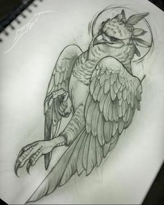 a drawing of a bird with wings on it's back and the moon in the background