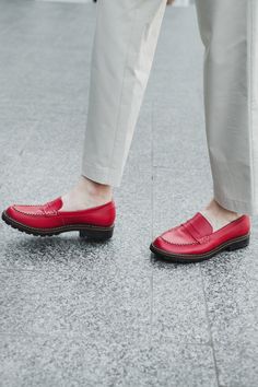 Red Penny Loafer Women Shoes | Etsy Classic Loafers With Red Sole For Work, Red Slip-ons With Rubber Sole, Red Oxfords With Rubber Sole For Work, Spring Red Leather Dress Shoes, Red Leather Dress Shoes For Spring, Red Brogue Leather Shoes For Work, Workwear Leather Shoes With Red Sole And Round Toe, Workwear Leather Shoes With Red Sole, Casual Loafers With Red Sole And Almond Toe