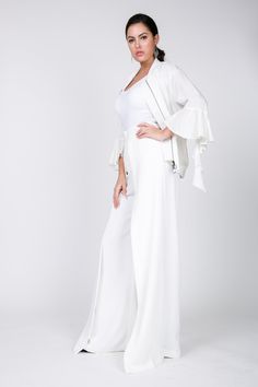 Front wide pleated palazzo pants High waisted Wide leg 100% Polyester Model is wearing a size small White Pleated Wide Leg Pants, Elegant White Straight Culottes, Elegant White Culottes, Elegant White Wide Leg Culottes, White High Waist Wide Leg Pants For Evening, White Wide Leg Pants For Evening, White High Waist Wide Leg Evening Pants, Elegant White Pleated Pants, Elegant White Culottes For Spring