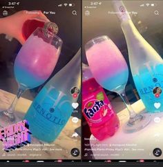 two pictures of drinks with different colors and flavors, one is blue and the other is pink