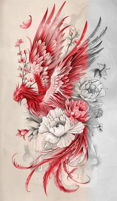 a red bird with flowers on it's back and wings flying in the air