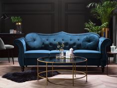 a living room with a blue couch and coffee table in front of a black wall