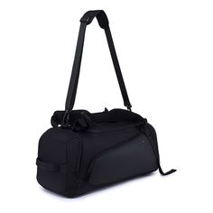 a black duffel bag on a white background with strap around the bottom and shoulder