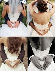 four different shots of people in wedding dresses and tuxedos making heart shapes with their hands