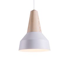 a white and pink light hanging from a wooden ceiling fixture with a blue cord attached to it