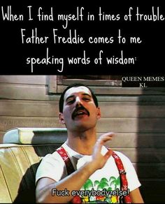 a man sitting in a chair with his hand up to his chest and the words, when i find myself in times of trouble, father frodie comes to me speaking words of wisdom