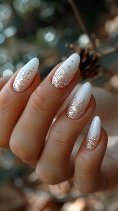 White Nails Christmas Nails Engagement, Gel Nails Holiday Winter, Almond Nails Holiday Designs, Gel X Winter Nail Designs, Switzerland Nails Designs, Wedding Nails With Sparkle, White Nails Nail Art, Classic New Years Nails, Formal Christmas Nails