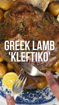 a person holding a fork over a plate with meat and potatoes