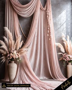 two tall vases with flowers are next to a pink drapeed window curtain