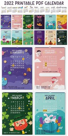 several calendars with cartoon characters on them and the date for each month in different colors