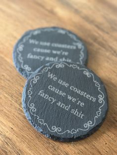 Coasters are a necessity for every home. Yours should reflect your style. Our slate coasters can be engraved to do just that. We offer 2 different designs. We also offer custom coasters! Create your own fun decor, custom coaster. 100% natural, slate stone coaster with chipped edges Please note: slate stone is a natural product. Variations in color, and texture, plus noticeable cracks and flaws are to be expected as that is the nature of the product Measures 4" x 4" Wipe clean Includes foam botto Engraved Slate Coasters, Slate Coasters Ideas, Tv Stand And End Tables, Double Hamper, Football Coasters, Football Watch Party, Cubby Storage Bench, Wall Stove, Laser Crafts