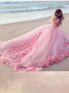 Off the Shoulder Appliqued Pink Ball Gown Wedding Dresses AWD1130-SheerGirl Ball Gown, Pink Dress, Off The Shoulder, A Woman, The Beach, Wedding Dresses, Flowers, Pink, Dresses