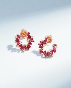 Suzanne Kalan Bold Burst Ruby Sideways Mini Hoops in 18k rose gold White Diamonds, 18k Rose Gold, Diamond White, Ruby, Sparkle, Diamonds, Yellow Gold, Rose Gold, Gold