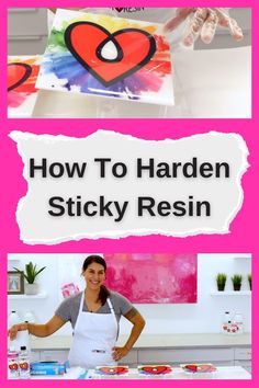 a woman standing in front of some art work with the words how to harden sticky resin