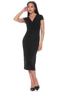 A draped bodice elevates the simple and sophisticated silhouette of this stretchy sheath dress. 45.5" length (size X-Small) V-neck Cap sleeves 93% polyester, 7% spandex Machine wash cold, lay flat to dry Imported Model stats: 5'10", 32" bust, 25" waist, 36" hip. Model is wearing size X-Small. Fitted Midi Skirt, Draped Bodice, Black Xs, Cap Sleeve, Sheath Dress, Lay Flat, Polyester Spandex, Dress Black, Cap Sleeves